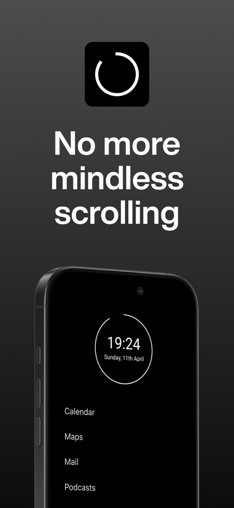 Minimalist phone app interface with a text based home screen designed to stop mindless scrolling