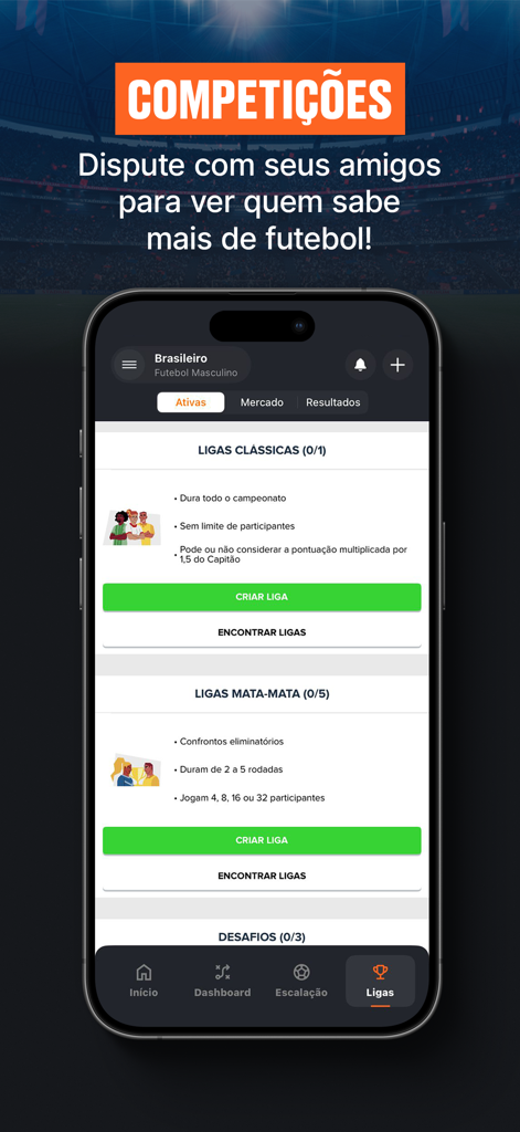 Interface of the Cartola app showing classic and knockout fantasy soccer leagues for players to compete with friends