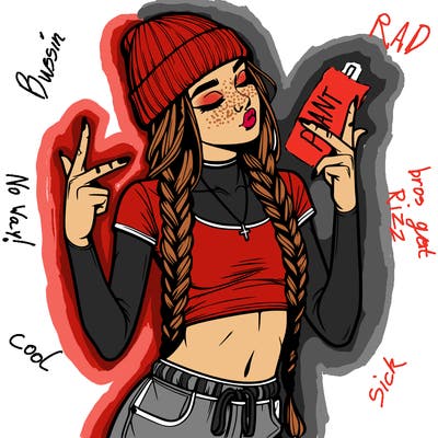 realistic teenage girl with braids and a beanie and crop top doing 🫶🏼