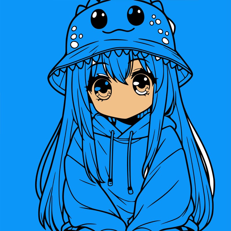 girl with anime shaped eyes with a dinosaur bucket hat oversized sweatshirt long straight hair