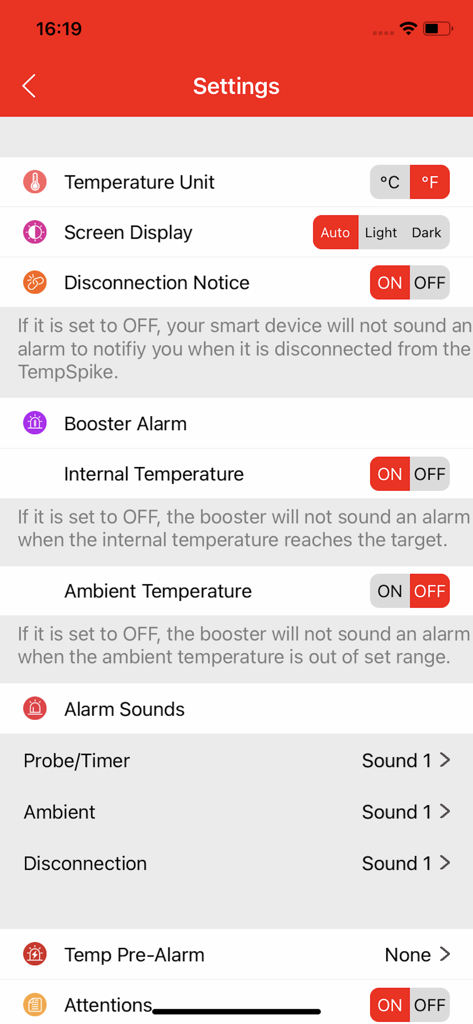 TempSpike - Settings interface of the TempSpike app showing configuration for alarms and temperature units.