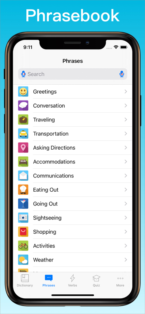 French dictionary app phrasebook showing various travel and conversation categories