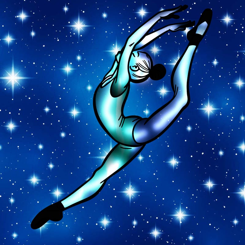 gymnast doing a leap in a leotard with a bent back leg