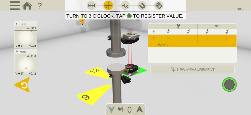 Easy-Laser XT Alignment app interface showing 3D guided shaft measurement for industrial technicians