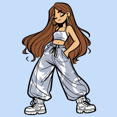 girl in baggy pants crop top and long hair