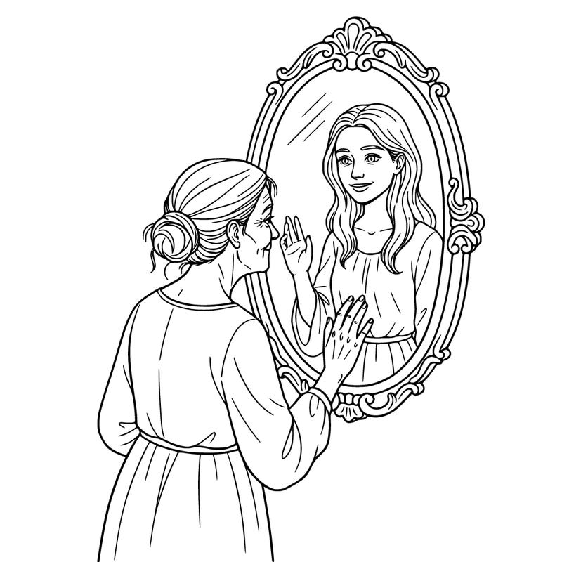 an old lady looking at her younger self in the mirror reminiscing