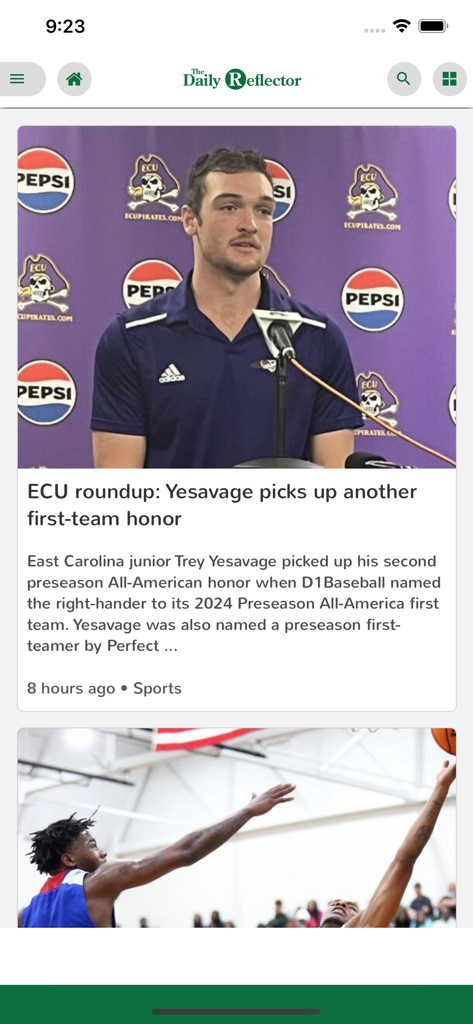 Reflector NC - A sports news article in the Reflector NC app about an ECU player receiving a first team honor.