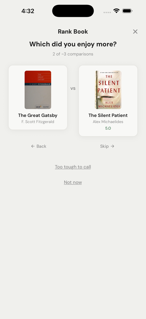 PagePact - Uma interface móvel do PagePact mostrando uma comparação frente a frente entre O Grande Gatsby e O Paciente Silencioso para classificar a preferência do usuário.
