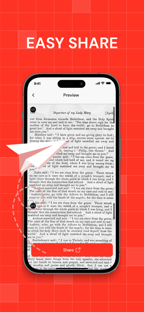 Una pantalla de vista previa de un documento PDF en una aplicación con un gran botón rojo de Compartir y el texto Compartir Fácilmente.