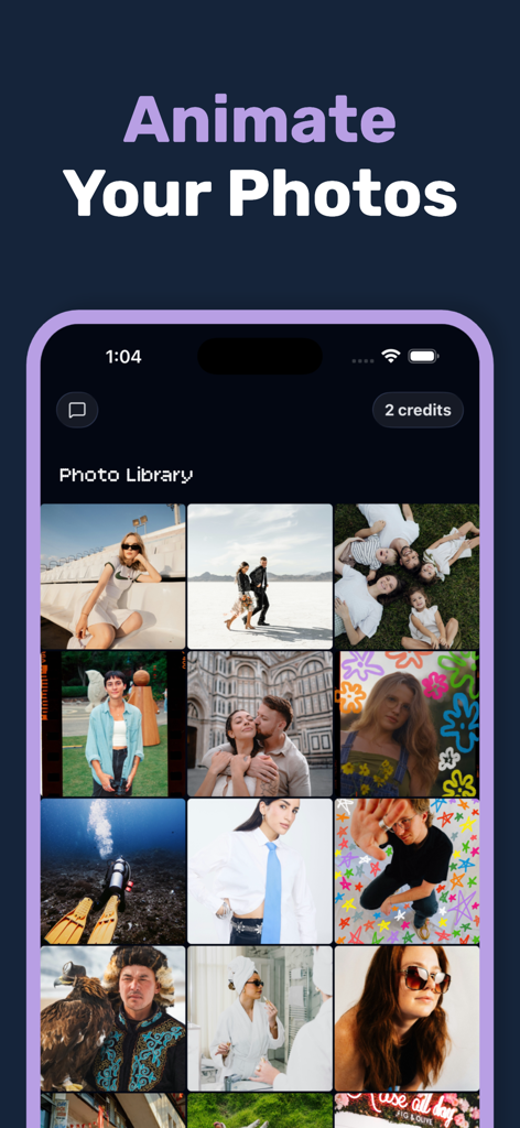 Interface of the Photo to Video AI app displaying a library of user photos ready to be animated.