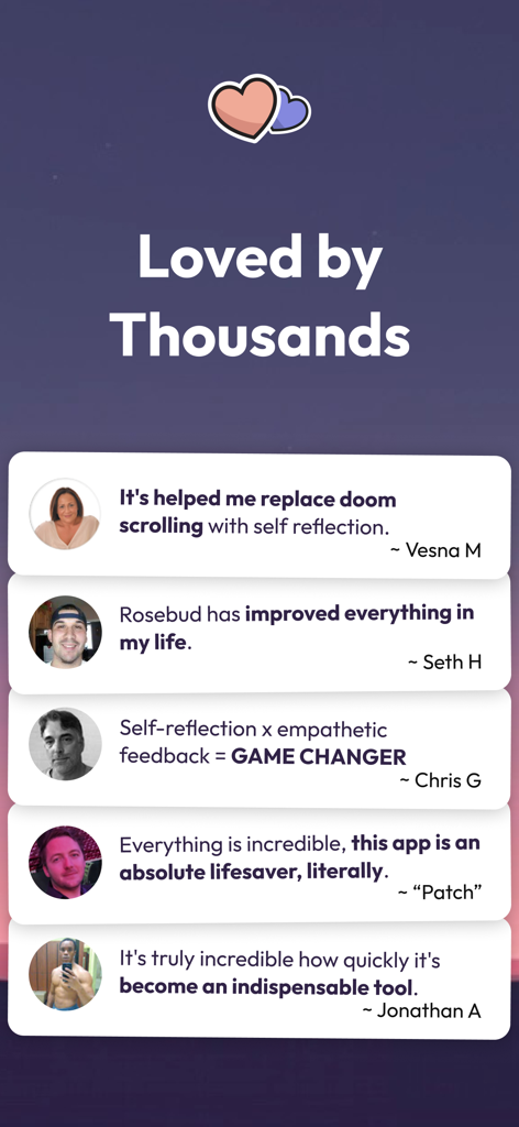 개인 성장에 대한 그 영향을 강조하는 Rosebud AI 저널 앱에 대한 긍정적인 사용자 추천 모음.