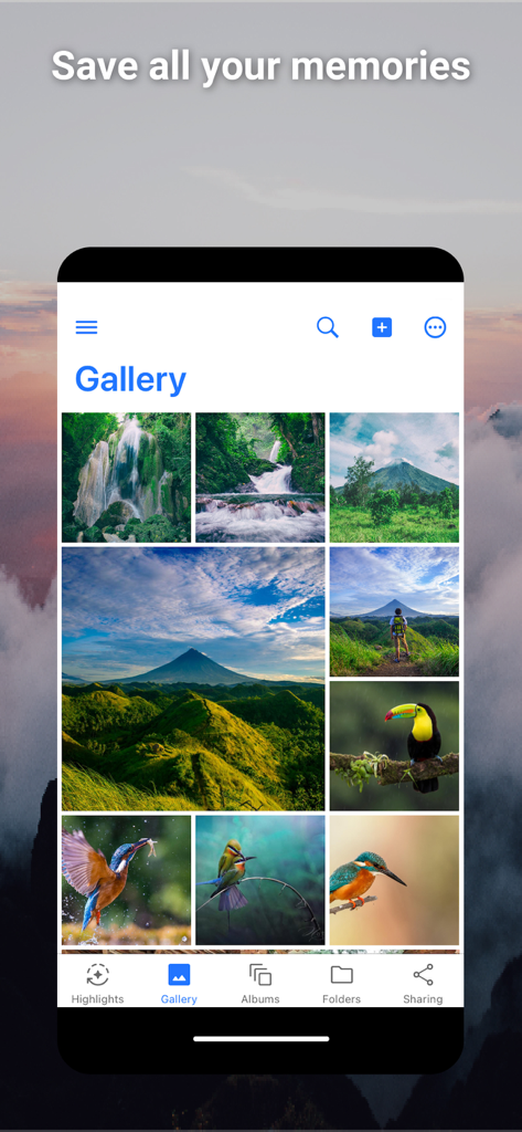 Zefiro - Interface da galeria do aplicativo Zefiro exibindo uma grade de fotos da natureza com o título Salve todas as suas memórias