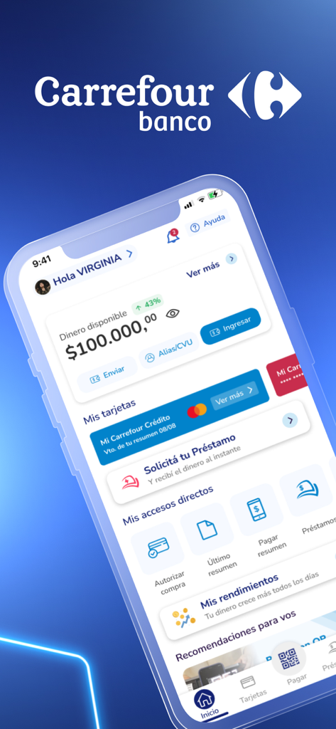 Carrefour Banco - Carrefour Banco Mobile App Dashboard mit Kontostand und Finanzoptionen