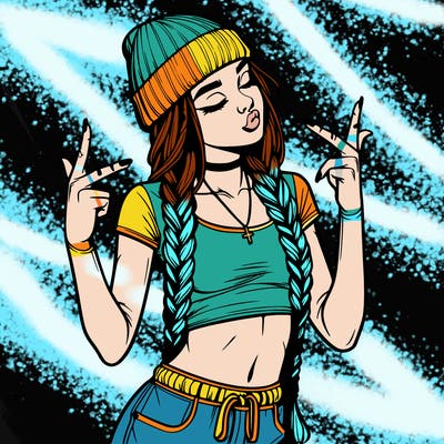 realistic teenage girl with braids and a beanie and crop top doing 🫶🏼