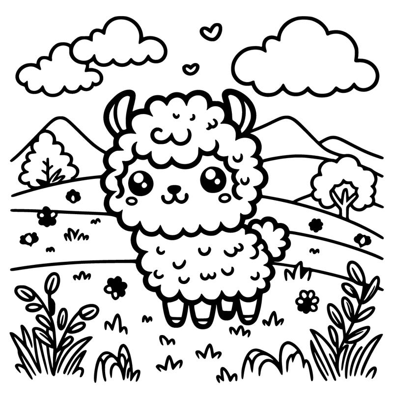 a kawaii llama in a meadow