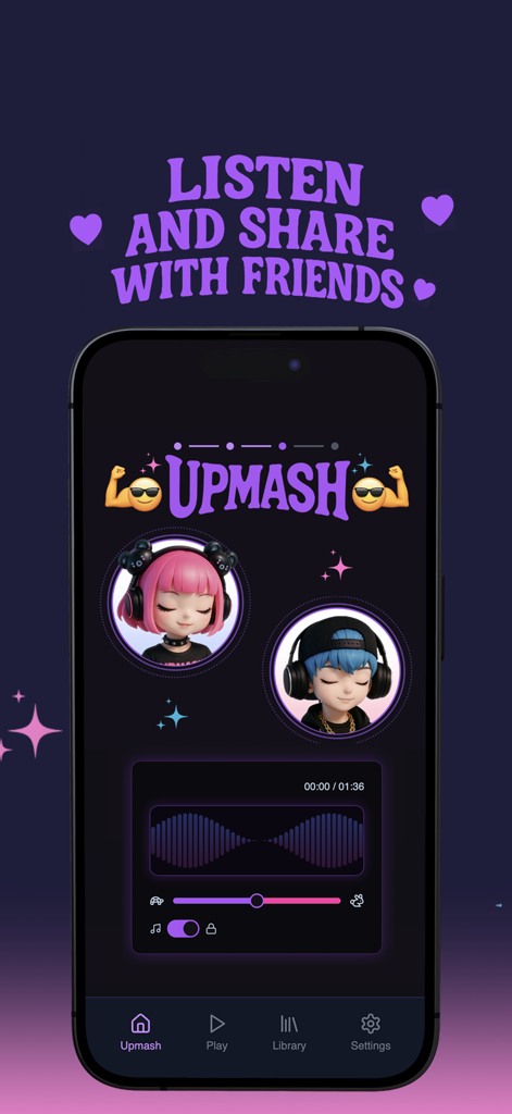 Tela do aplicativo UPMASH com avatares de personagens e o texto listen and share with friends