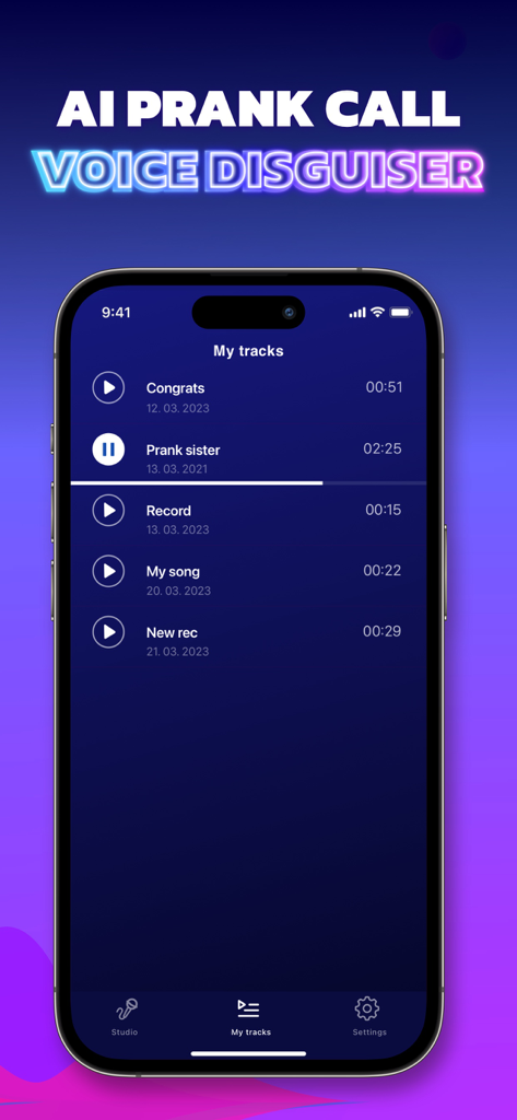 Voice Shifter - Vocal Effects - Pantalla de smartphone mostrando una lista de pistas de voz grabadas en la app Voice Shifter