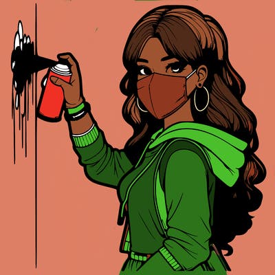 realistic girl with mask spray painting a wall