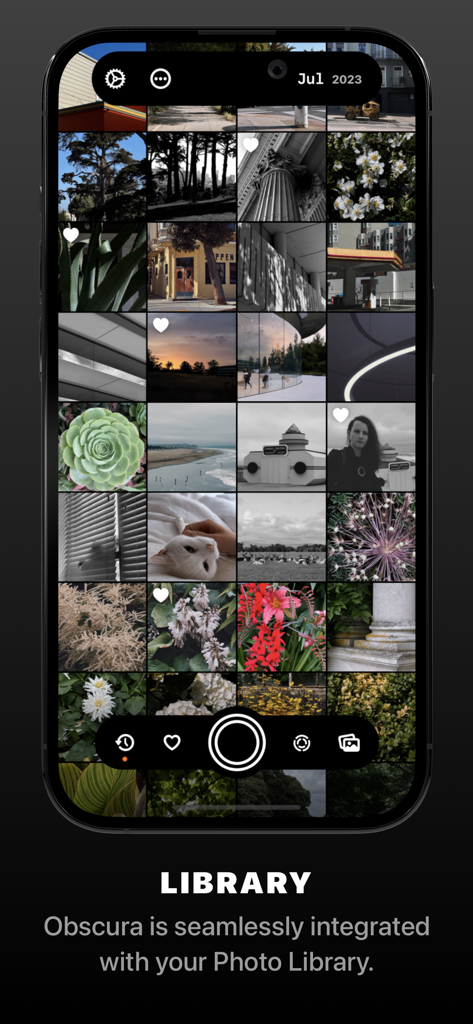 Obscura — Pro Camera - Screenshot of the Obscura app showing a grid of photos from the system library on an iPhone