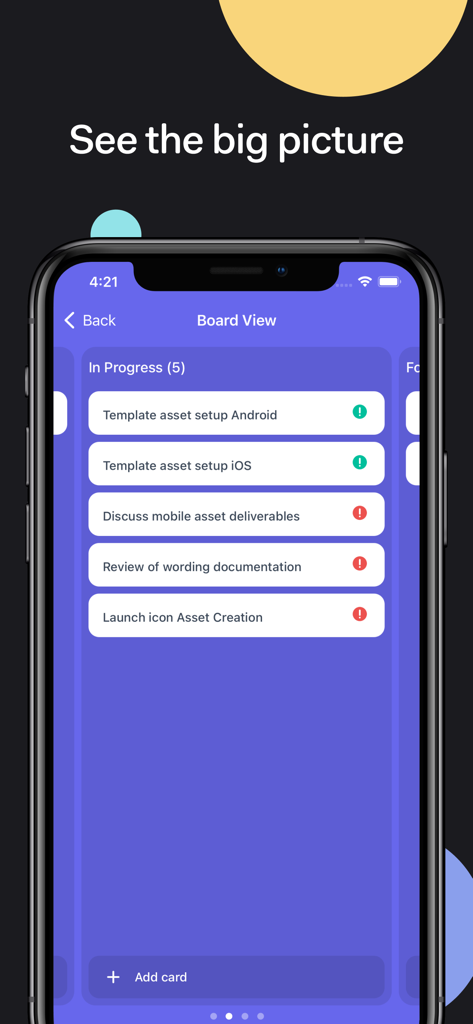 Teamwork project management app showing board view with tasks in progress