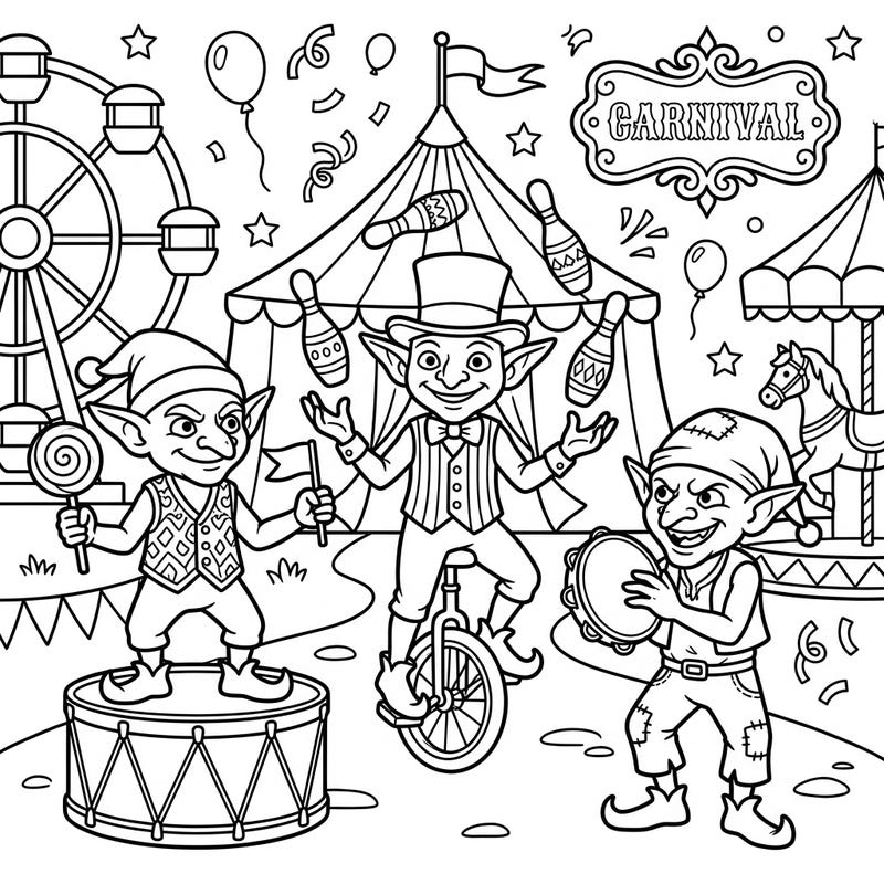 Step right up to a world of whimsical fun with these playful Redcap goblins at the carnival! This lively coloring page is perfectly designed for kids aged 4-8, offering an exciting scene to bring to life with color.