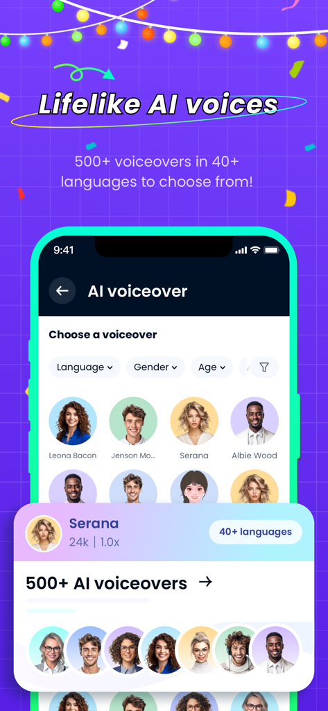 DupDub Lab - Talking Photos - Interface do aplicativo móvel DupDub Lab mostrando uma biblioteca com mais de 500 narrações de IA realistas com vários avatares de personagens.