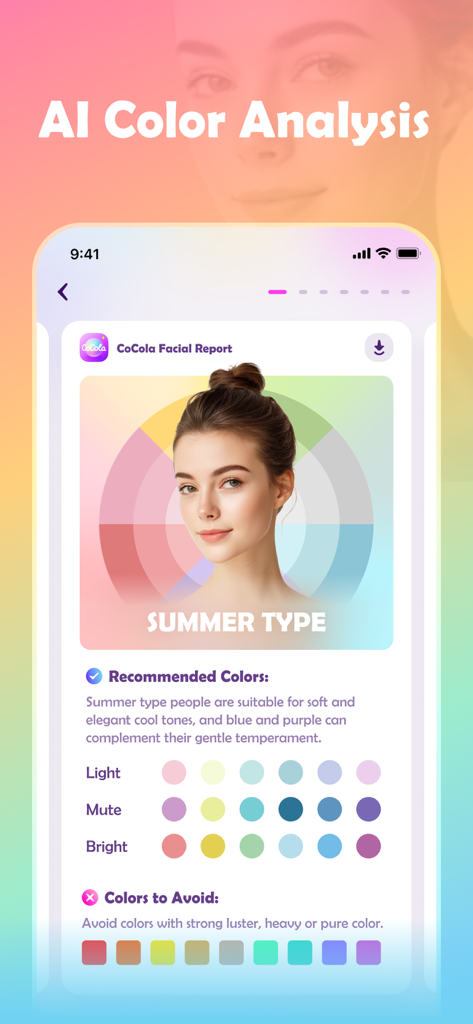 CoCola: AI generation tools - CoCola app AI color analysis report showing recommended seasonal palettes for a summer type profile.