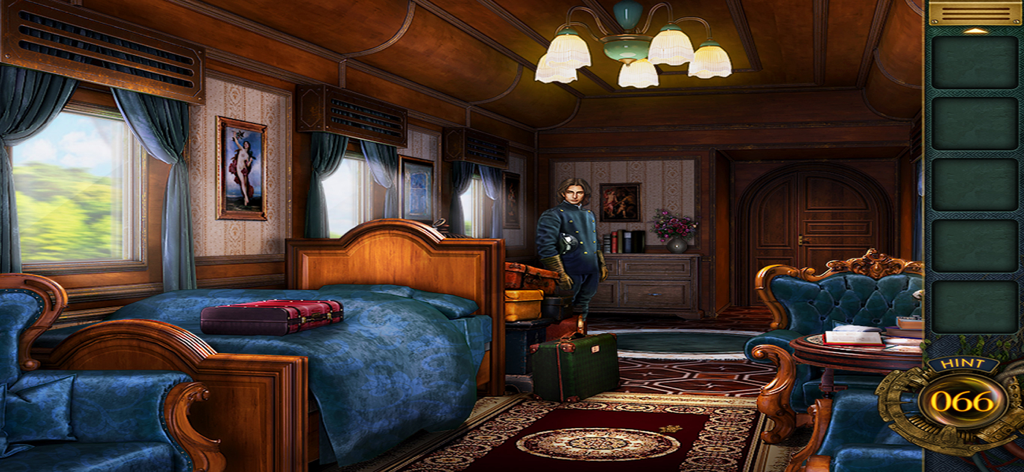 Escape Room:Mysterious train - Inside a luxury train cabin featuring a mysterious character and hidden object puzzles in Escape Room Mysterious Train.