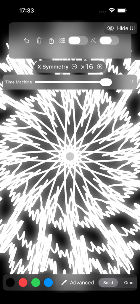 Mirror Drawing Studio - A white symmetrical mandala drawing in the Mirror Drawing Studio app interface with 16 way symmetry enabled.