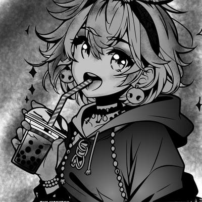 hot baddie anime girl drinking boba and biting the straw
