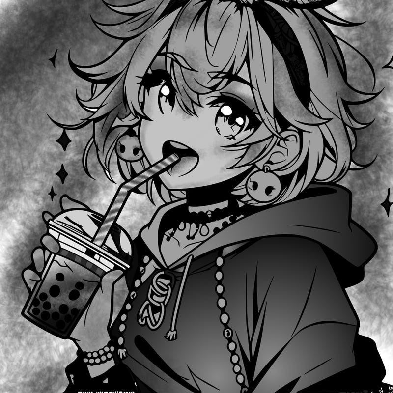 hot baddie anime girl drinking boba and biting the straw