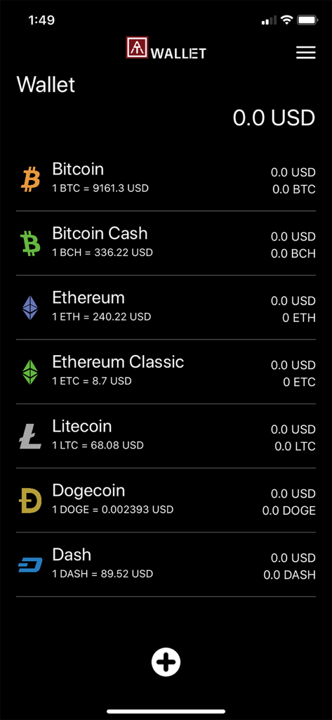 AT.Wallet - A interface do aplicativo AT.Wallet mostrando uma lista de várias criptomoedas e seus saldos atuais.