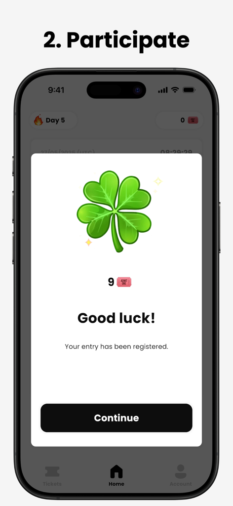 Lotely: Daily Giveaways - Lotely app entry confirmation screen showing a four leaf clover and a message stating that the user has successfully registered their tickets for a daily giveaway.