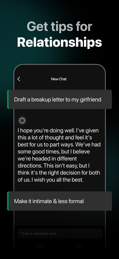 Captura de pantalla del Chat Bot de IA de Ask Assist redactando una carta personal con opciones de ajuste de tono.