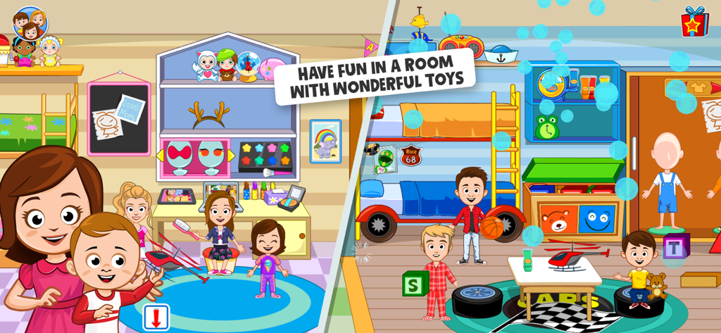 Characters playing with toys in a colorful kids bedroom scene from My Town Home digital dollhouse
