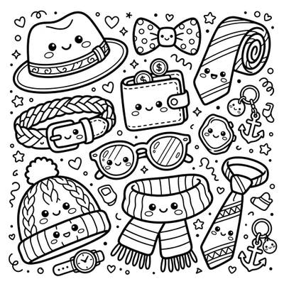 Dive into a world of cute with this Kawaii Men's Accessories coloring page! Featuring adorable hats, ties, belts, and more, it's a delightful way to explore fashion through art.