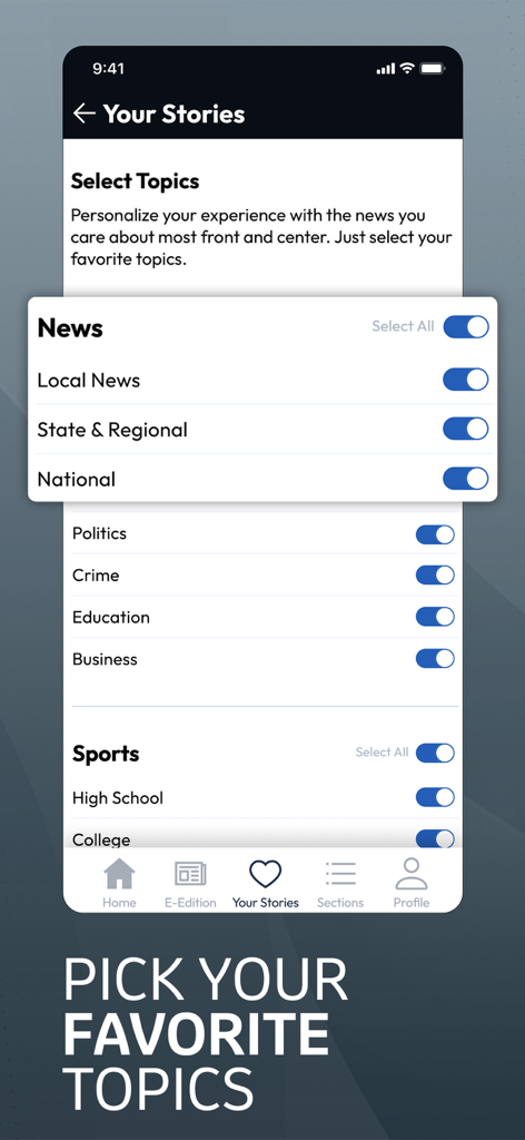Richmond Times Dispatch app screen for selecting and personalizing favorite news topics