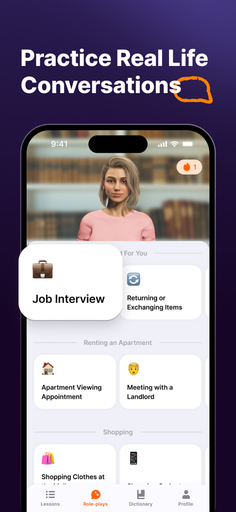 JustSpeak – AI English Tutor - JustSpeak app interface showing AI English role-play scenarios for job interviews and daily life conversations