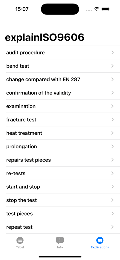 Menu des procédures de test de soudage et explications des normes ISO 9606.