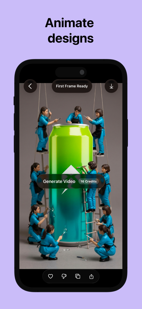 Lorean: AI Product Studio - Smartphone screen showing the Lorean AI Product Studio interface with the Animate Designs feature active on a soda can image.