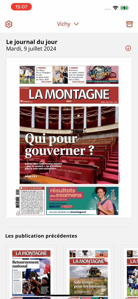 Front page view of La Montagne newspaper on the Centre France Le Journal mobile app