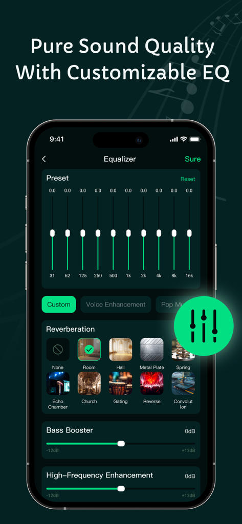 iPhone-Bildschirm, der einen 10-Band-Equalizer und benutzerdefinierte Audioeffekte wie Bass-Booster und Hall zeigt.