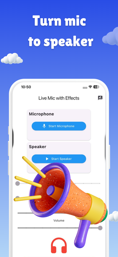 Live Mic to Bluetooh Speaker - iPhone screen showing the Live Mic app interface with microphone and speaker controls and a 3D megaphone graphic