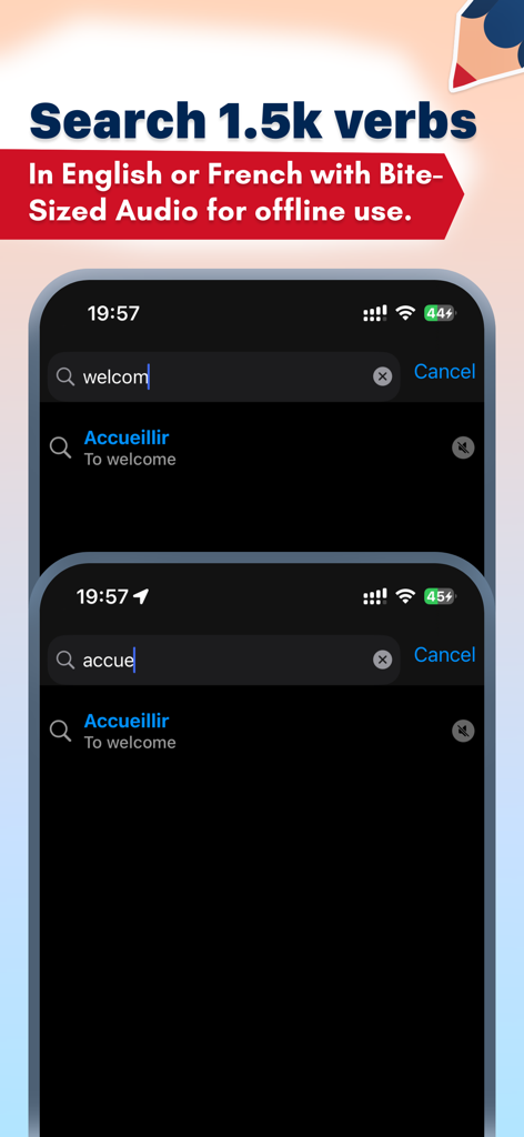 Search for French verbs in English or French on Conjuga app