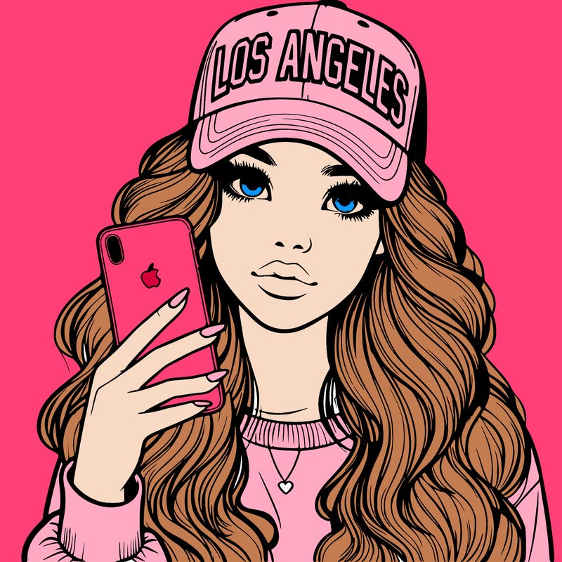 realistic beautiful girl wearing los ángeles cap holding an iphone