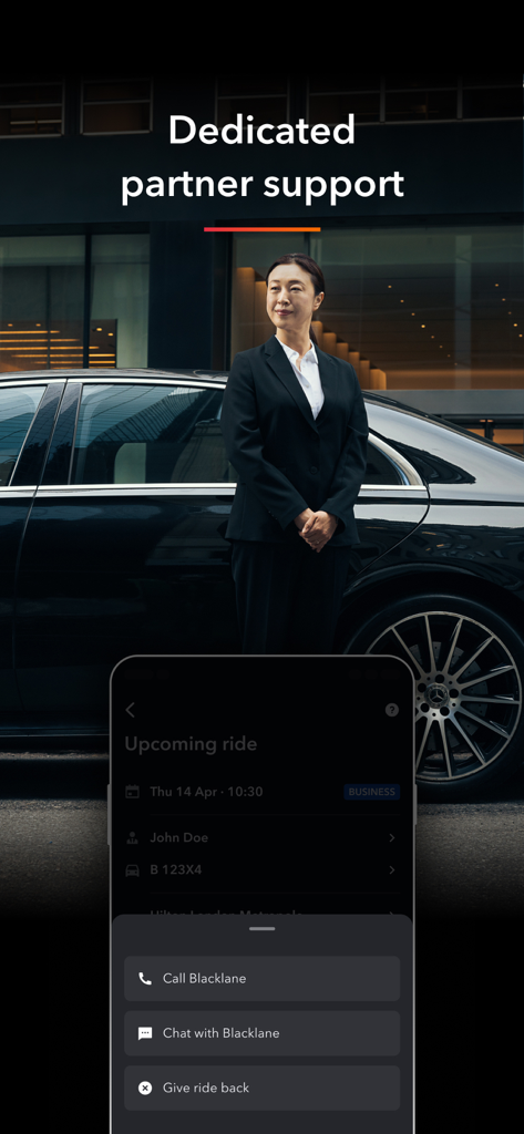 Mobile app screen showing support options for chauffeurs next to a professional driver and luxury vehicle.