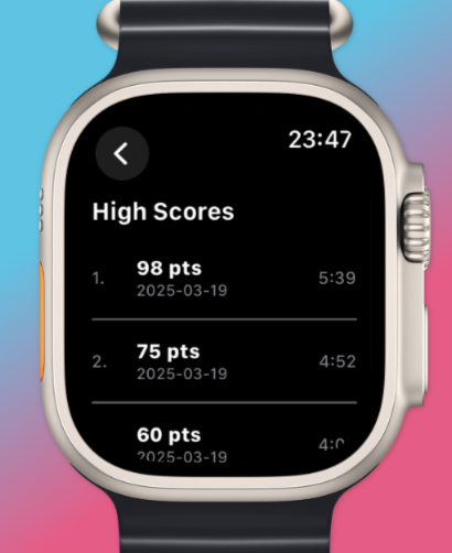 QuickWords - Word Puzzle Game - Apple Watch screen displaying a list of high scores and point totals for the QuickWords word puzzle game