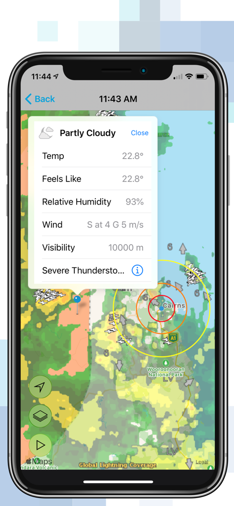 WeatherSentry app radar map showing severe thunderstorm alerts and local weather conditions