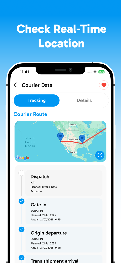 Package Tracker : Courier Info - Package Tracker app interface showing a real-time courier route on a map and delivery status timeline