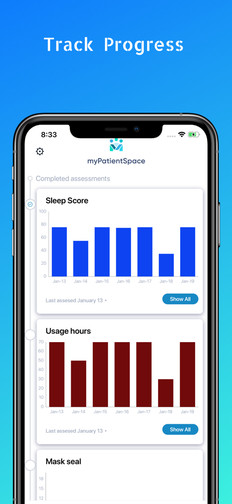myPatientSpace app screen displaying health progress charts for sleep score and usage hours